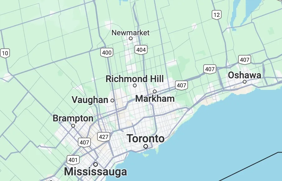 Service area map in Vaughan and surrounding cities